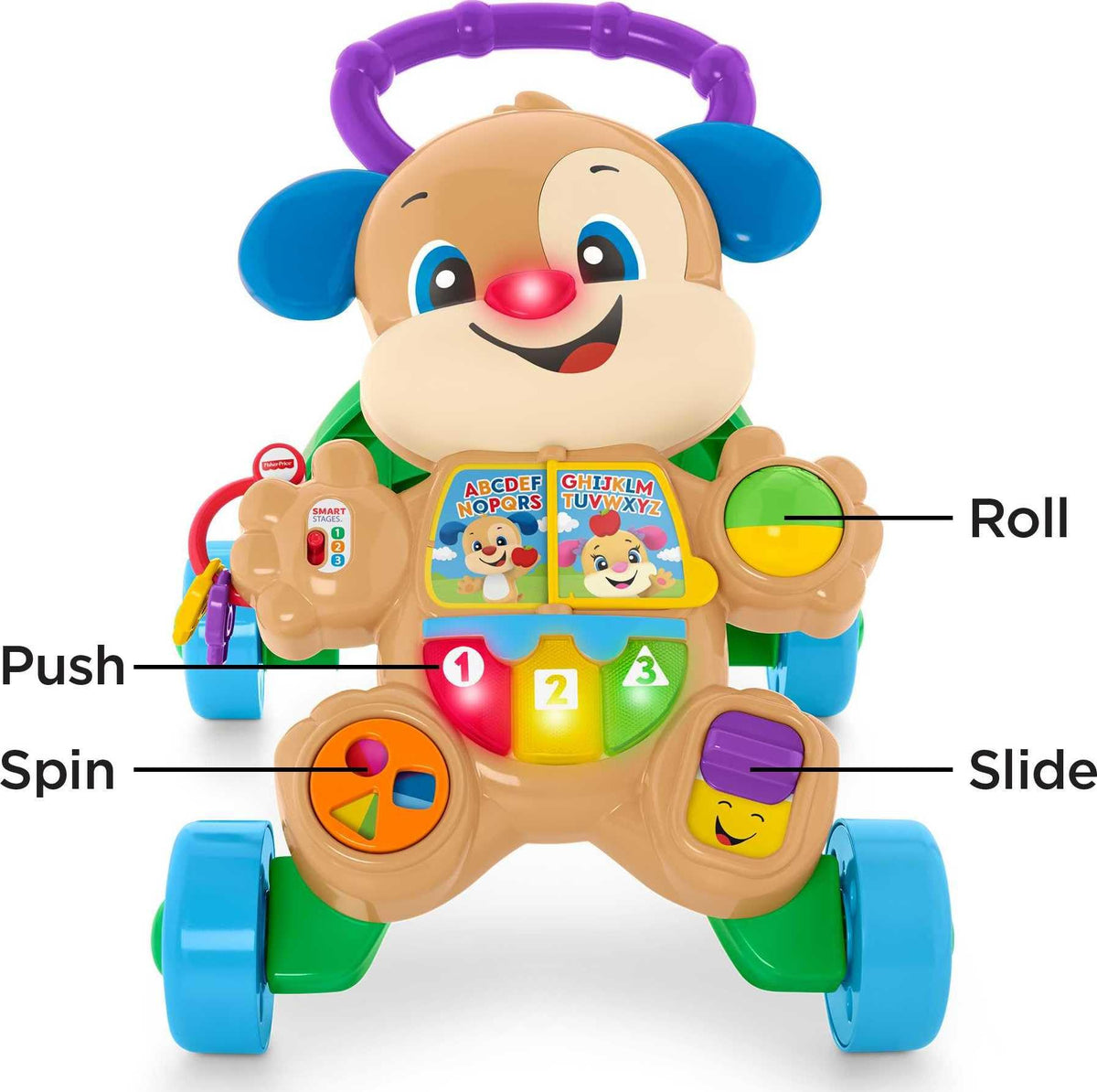 Fisher-Price Laugh & Learn Puppy Walker stand-and-walk action supports mobility