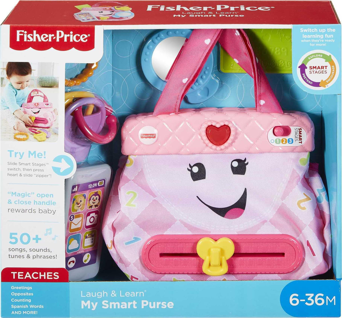 Fisher-Price Laugh & Learn Smart Purse credit card accessory encourages imaginative shopping.