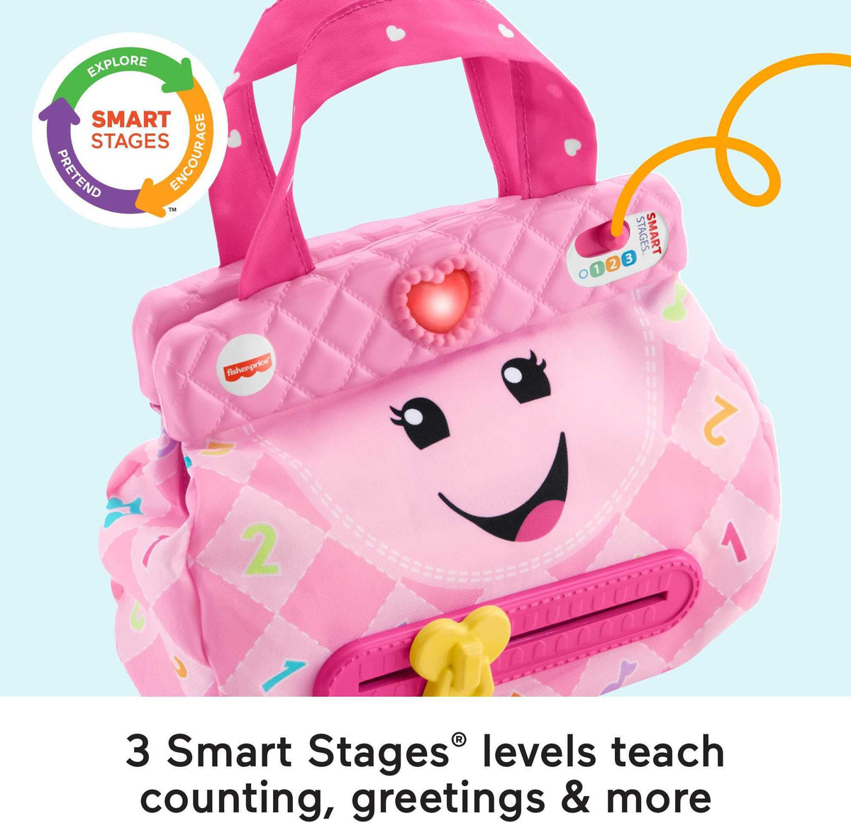 Fisher-Price Laugh & Learn Smart Purse open-handle action activates friendly tunes.