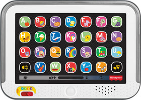 Fisher-Price Laugh and Learn tablet with buttons lighting up for interactive play