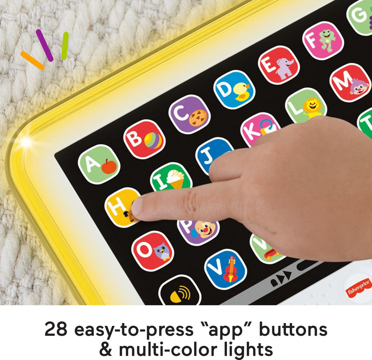 Fisher-Price Laugh and Learn tablet shows colorful lights and music