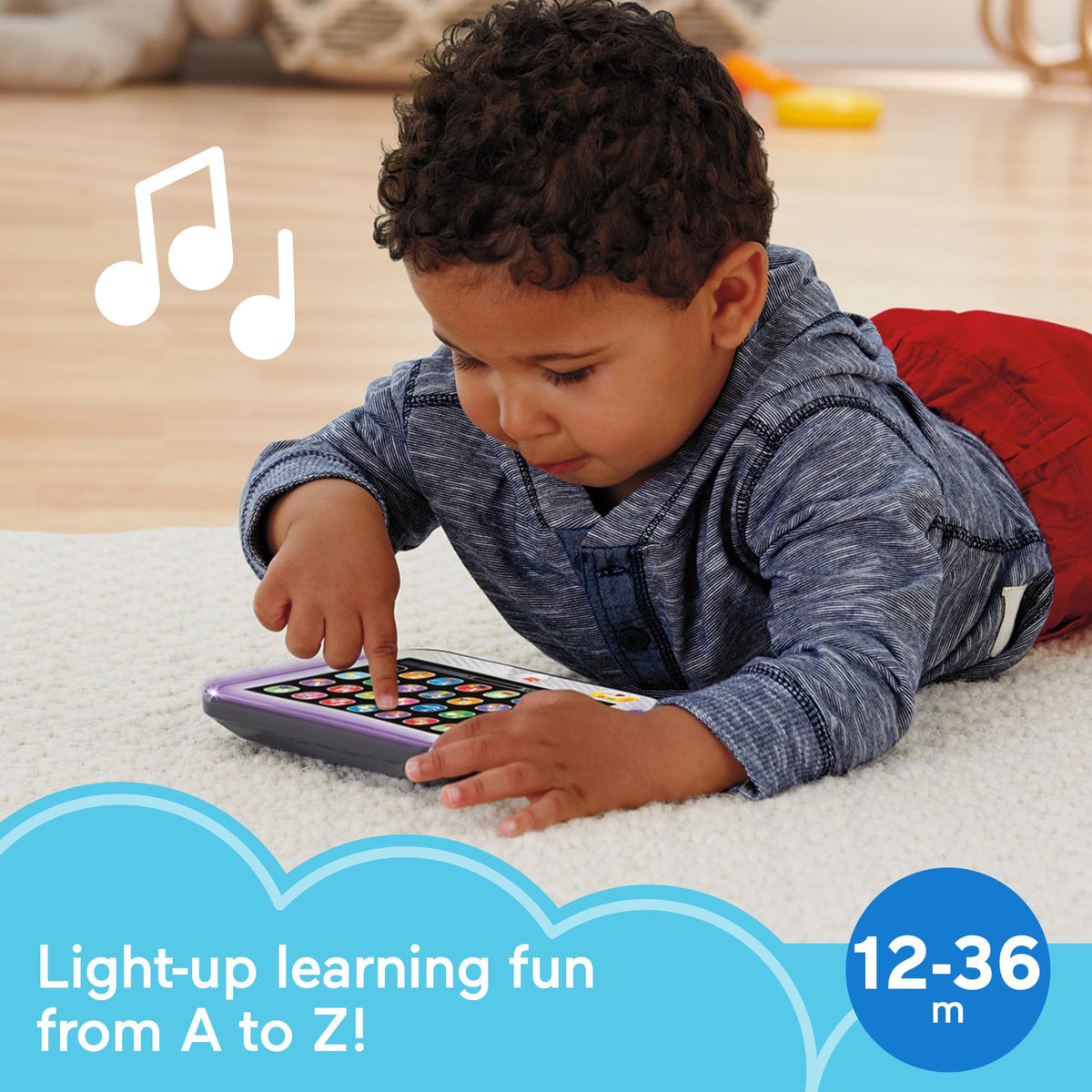 Fisher-Price Laugh and Learn tablet buttons pressed by toddler as lights glow