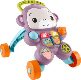 Fisher-Price Learn with Me Purple Monkey Walker front view with sturdy handle for early steps.