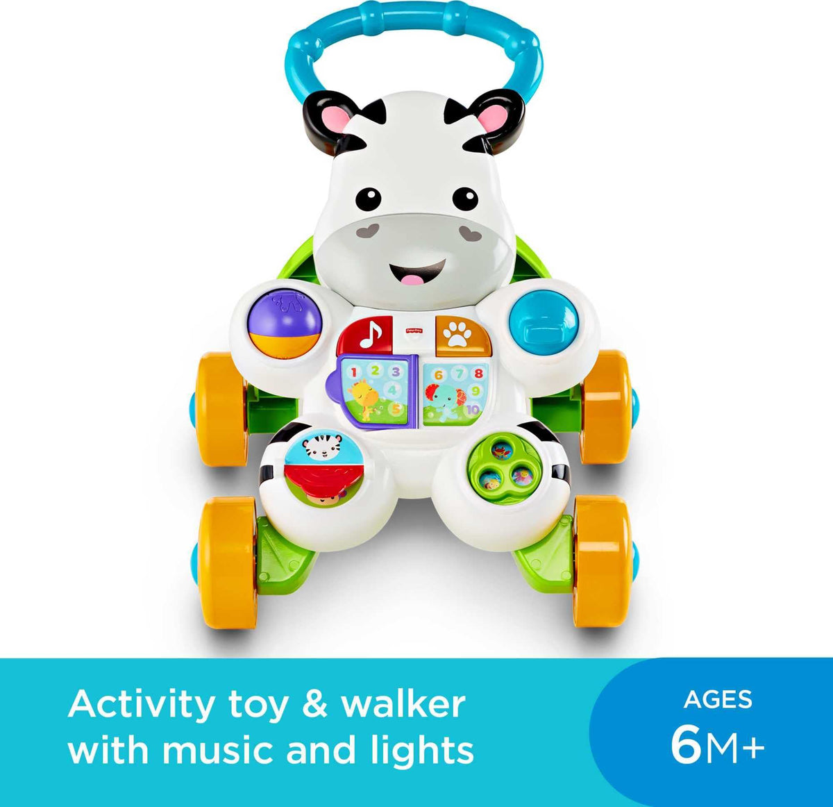 Fisher-Price Learn with Me Zebra Walker side view showing stable four-wheel base