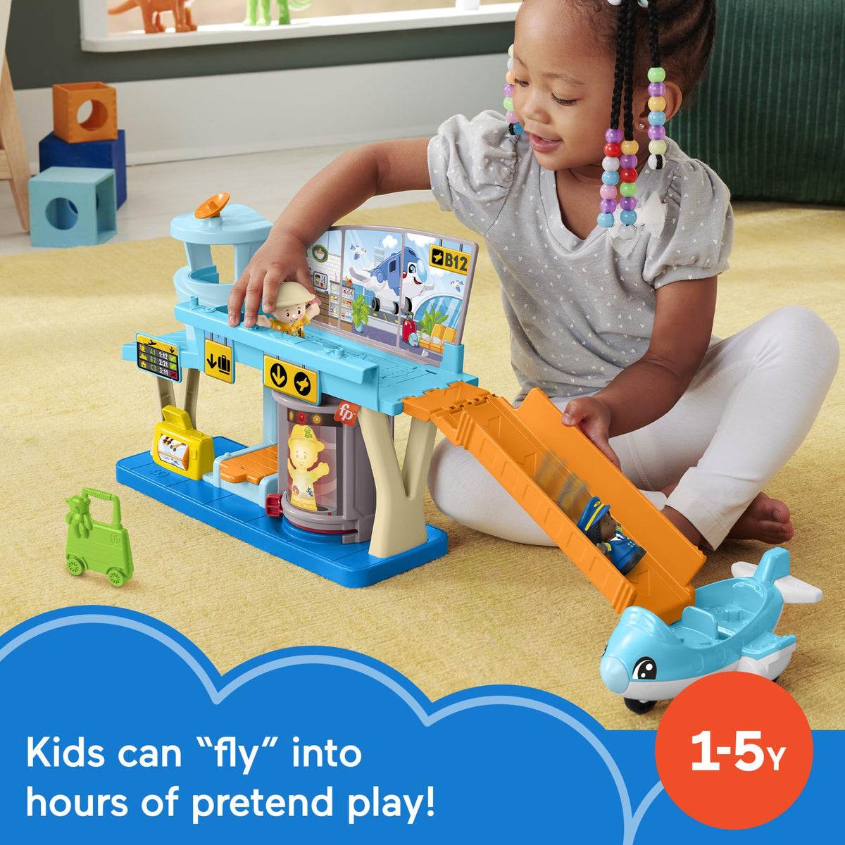 Fisher-Price Little People figures add relatable characters to busy airport stories.