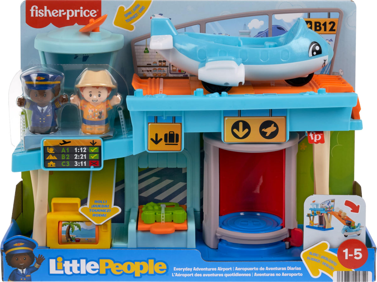 Fisher-Price Little People folding jet bridge supports realistic boarding experiences.