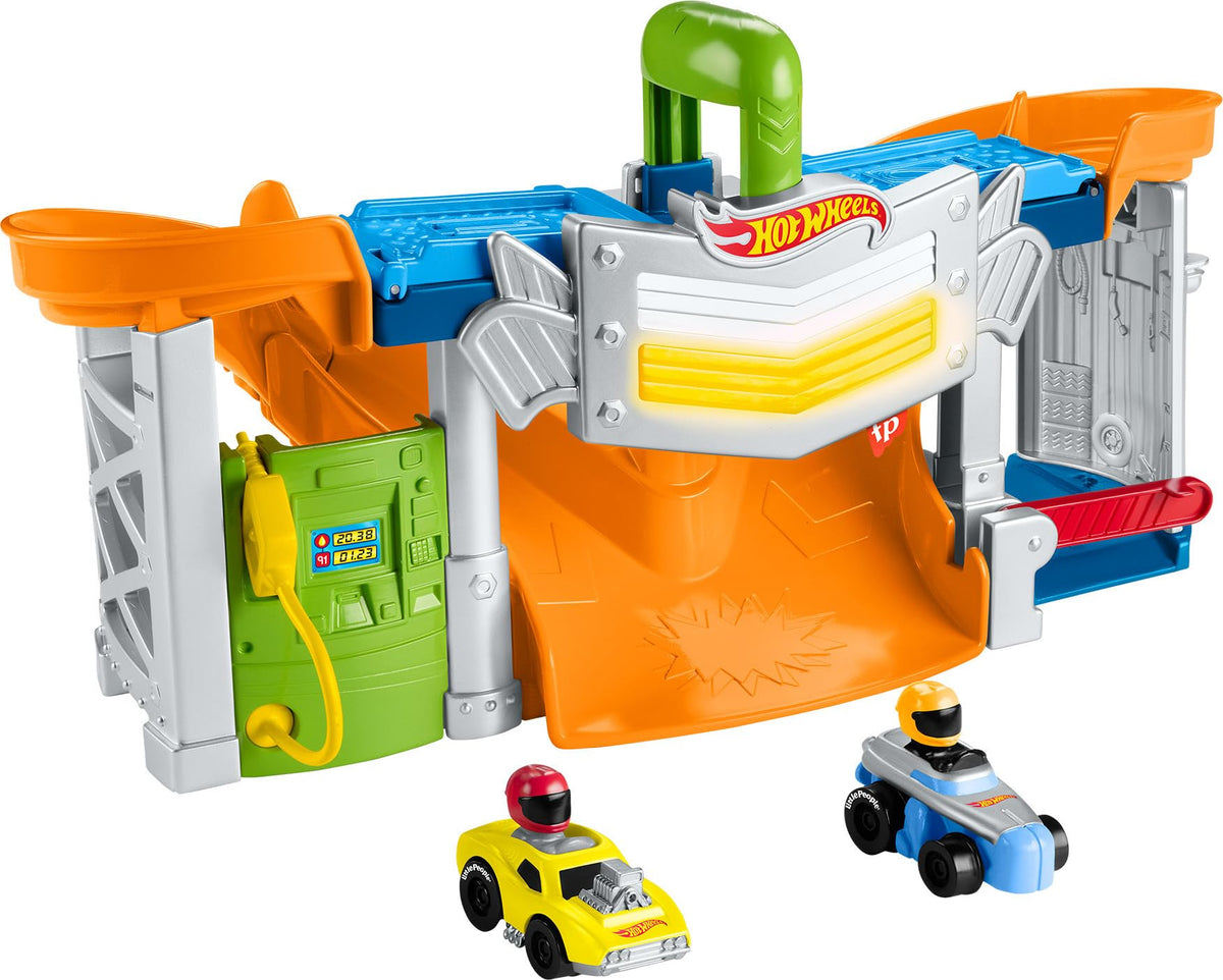 Fisher-Price Little People Hot Wheels track with lights supports imaginative racing play