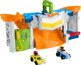 Fisher-Price Little People Hot Wheels track with lights supports imaginative racing play