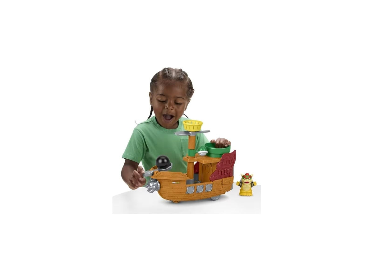 Fisher-Price Little People Mario Airship cannonball launcher enables interactive pretend-play adventures.
