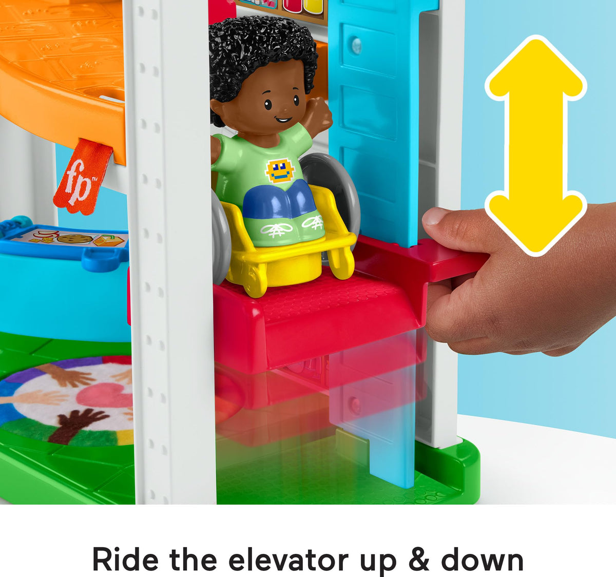 Fisher-Price Little People Play for All School elevator feature aids dynamic play.