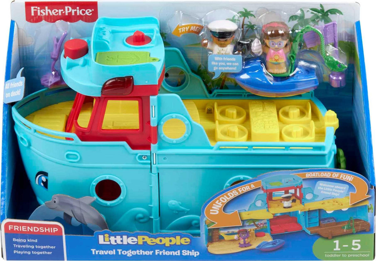 Fisher-Price Little People Travel Together Friend Ship beach adventure opens to seaside play.
