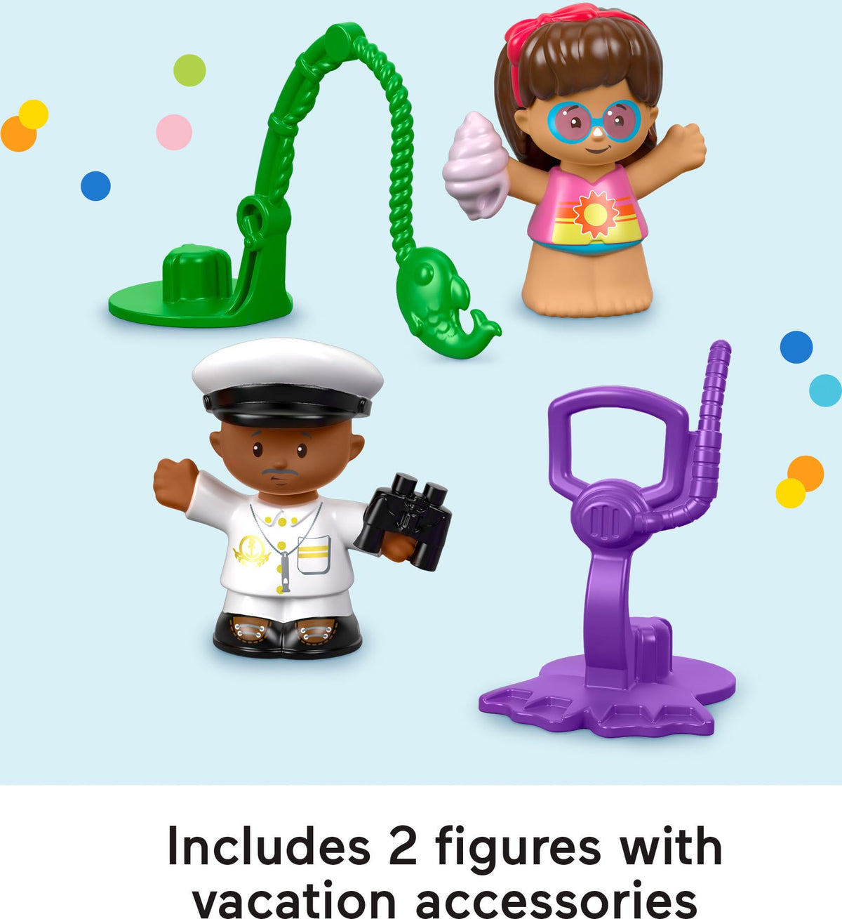 Fisher-Price Little People Mia figure supports friendly voyage storytelling.