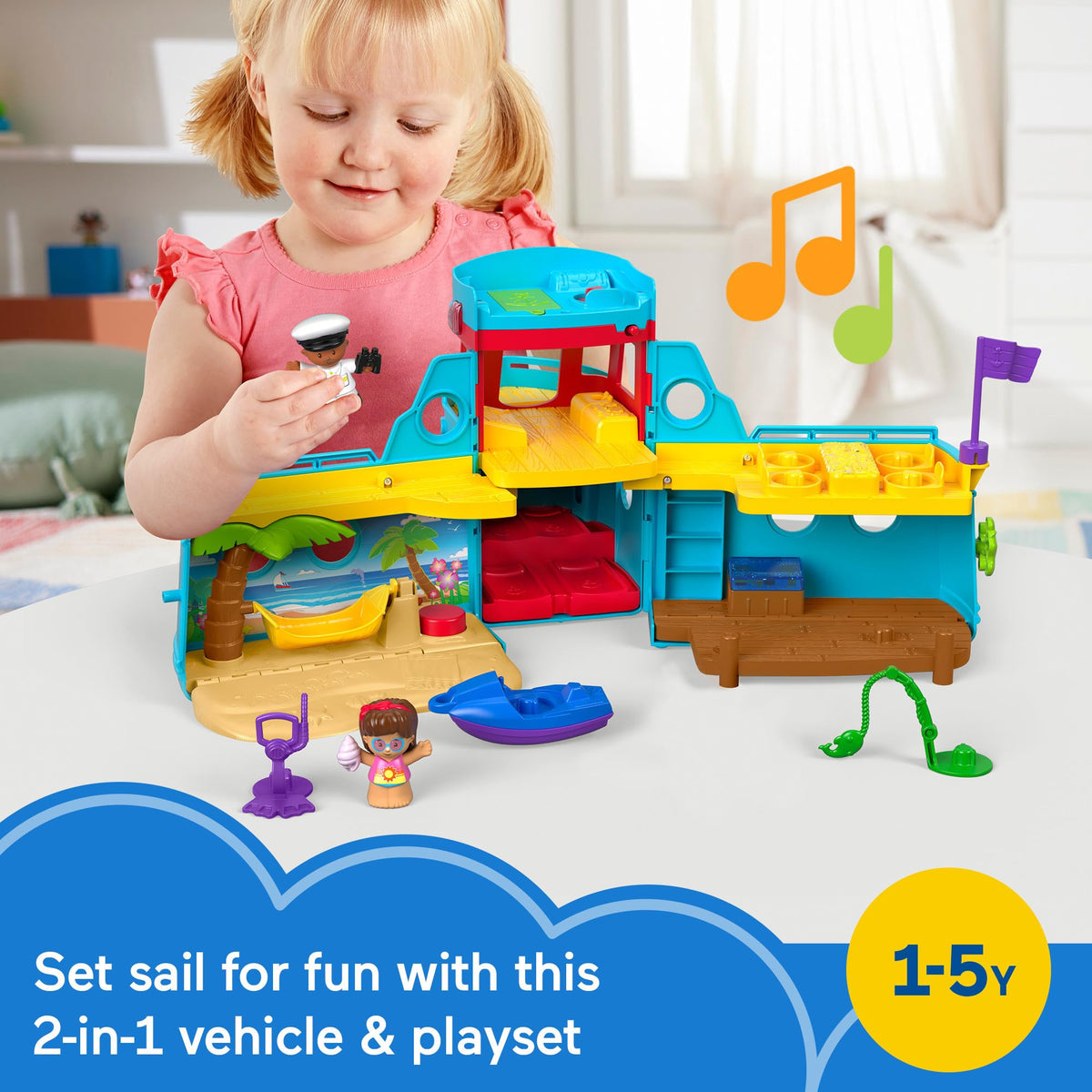 Fisher-Price Little People Travel Together Friend Ship snorkel gear enables underwater pretend exploration.