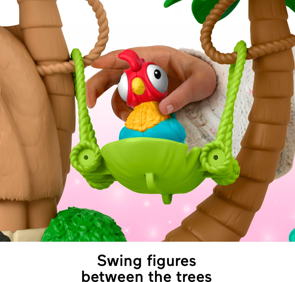 Fisher-Price Moana and Heihei figures on a treetop swing support imaginative scenes.