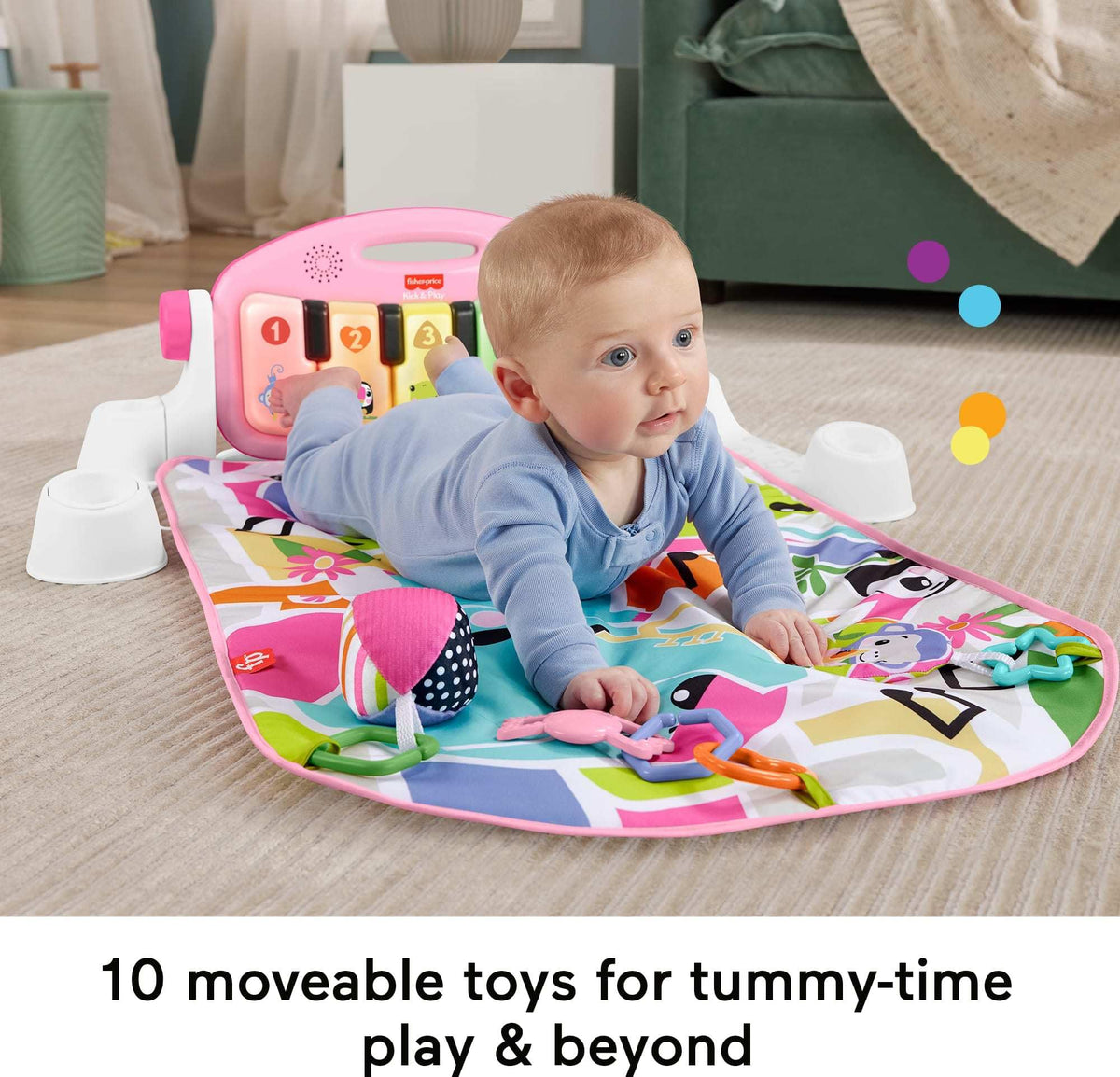 Fisher-Price newborn playmat is soft and machine-washable for easy cleaning after play.