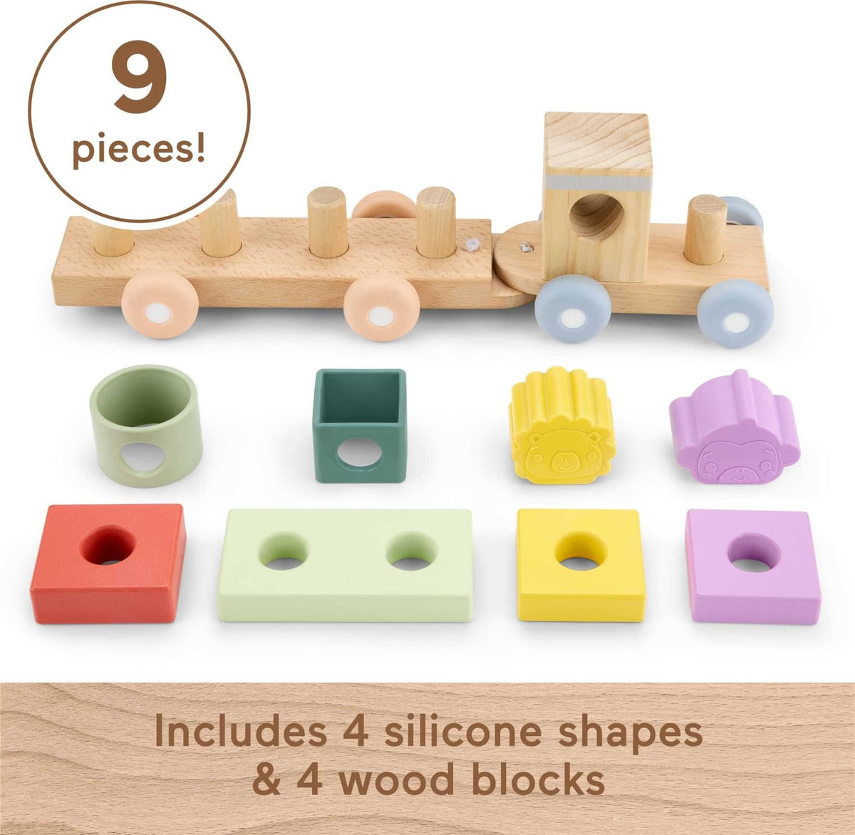 Fisher-Price nine-piece set shows mix-and-match stacking possibilities.
