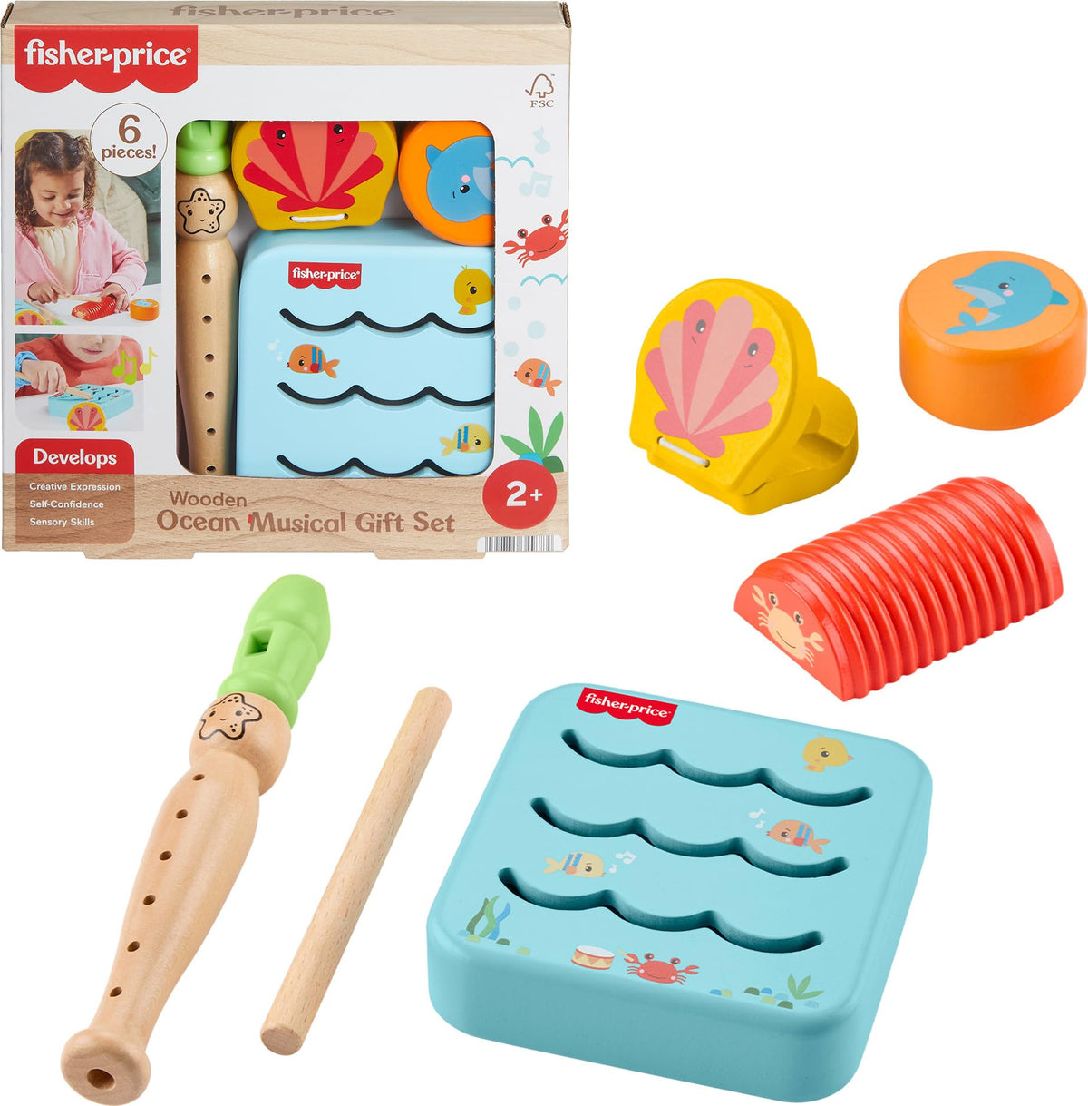 Fisher-Price Ocean guiro promotes rhythm exploration during play.