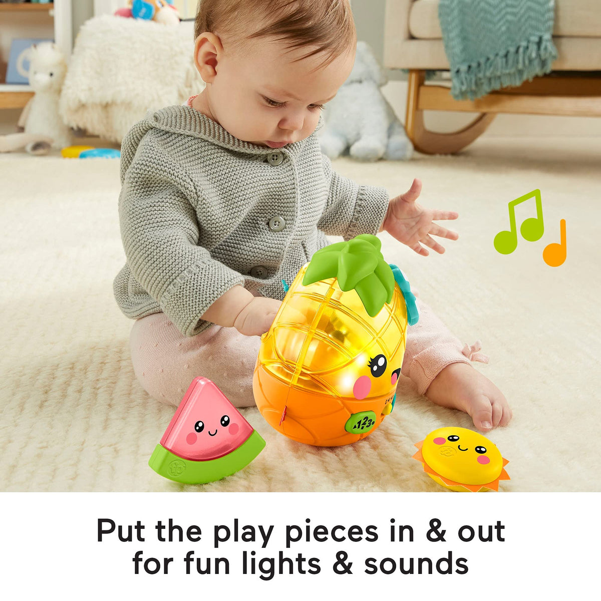 Fisher-Price Paradise Pals buttons activate tropical tunes for sensory exploration.