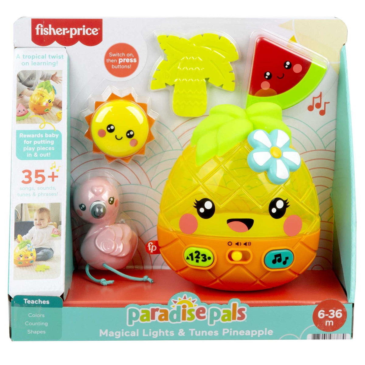 Fisher-Price Paradise Pals sun rattle supports early color and shapes learning.