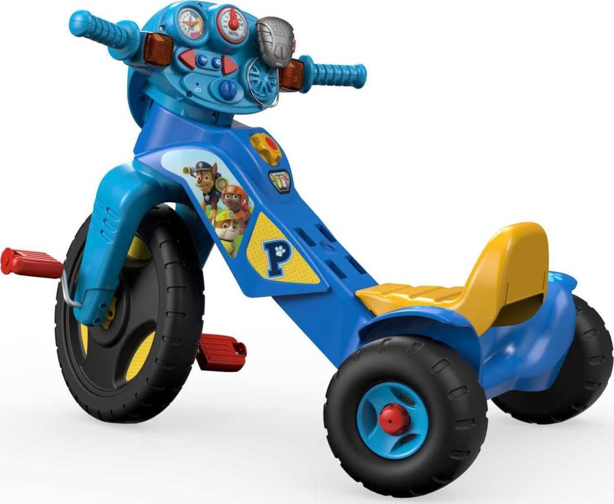 Fisher-Price PAW Patrol Trike walkie-talkie feature visible for outdoor role-play adventures.
