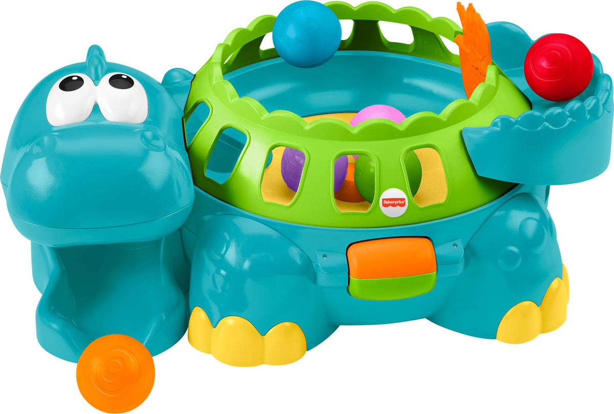 Fisher-Price Poppity Pop Dino front view with colorful balls ready to pop for crawl play