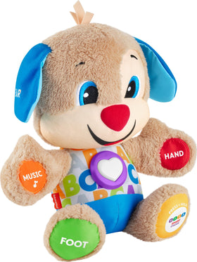 Fisher-Price Puppy Laugh & Learn plush smiling as baby learns first words.