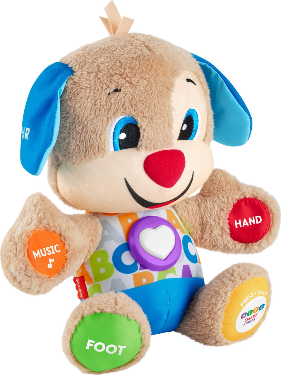 Fisher-Price Puppy Laugh & Learn plush smiling as baby learns first words.
