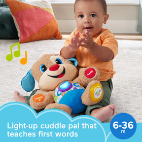 Fisher-Price Puppy touch activations on paws, ears, and heart for interactive learning.