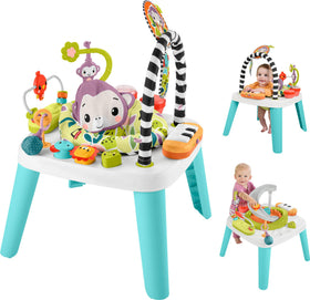 Fisher-Price Purple Monkey sit-in entertainer engages baby during floor play and exploration.
