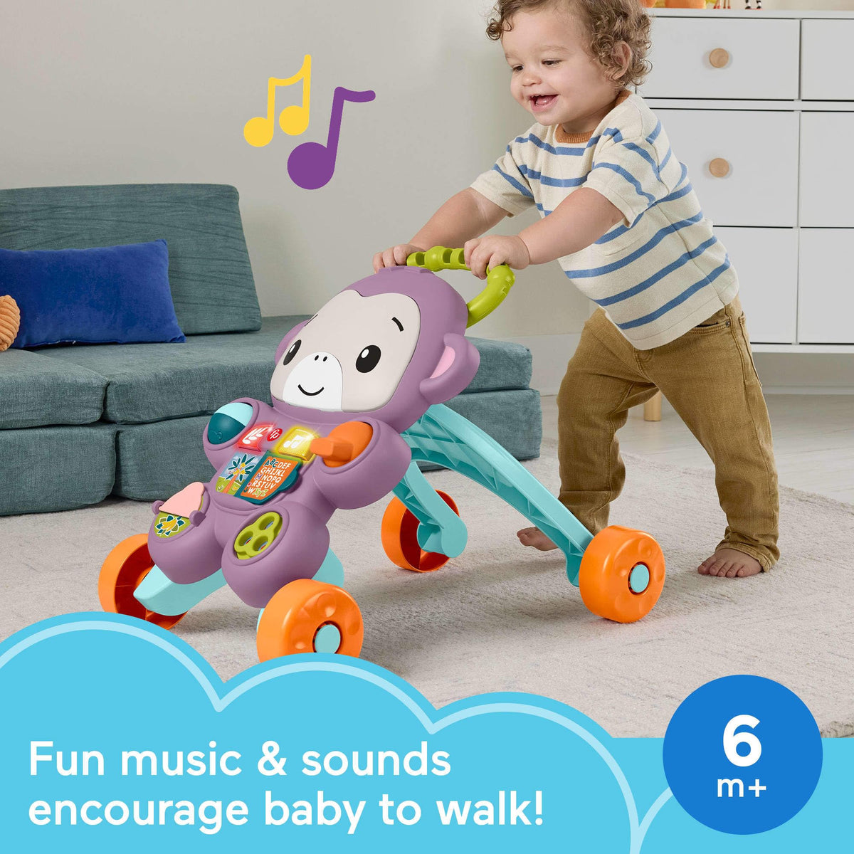 Fisher-Price Purple Monkey Walker side view highlighting a stable four-wheel base.