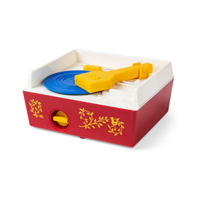 Fisher-Price wind-up turntable in action inviting tactile interaction.