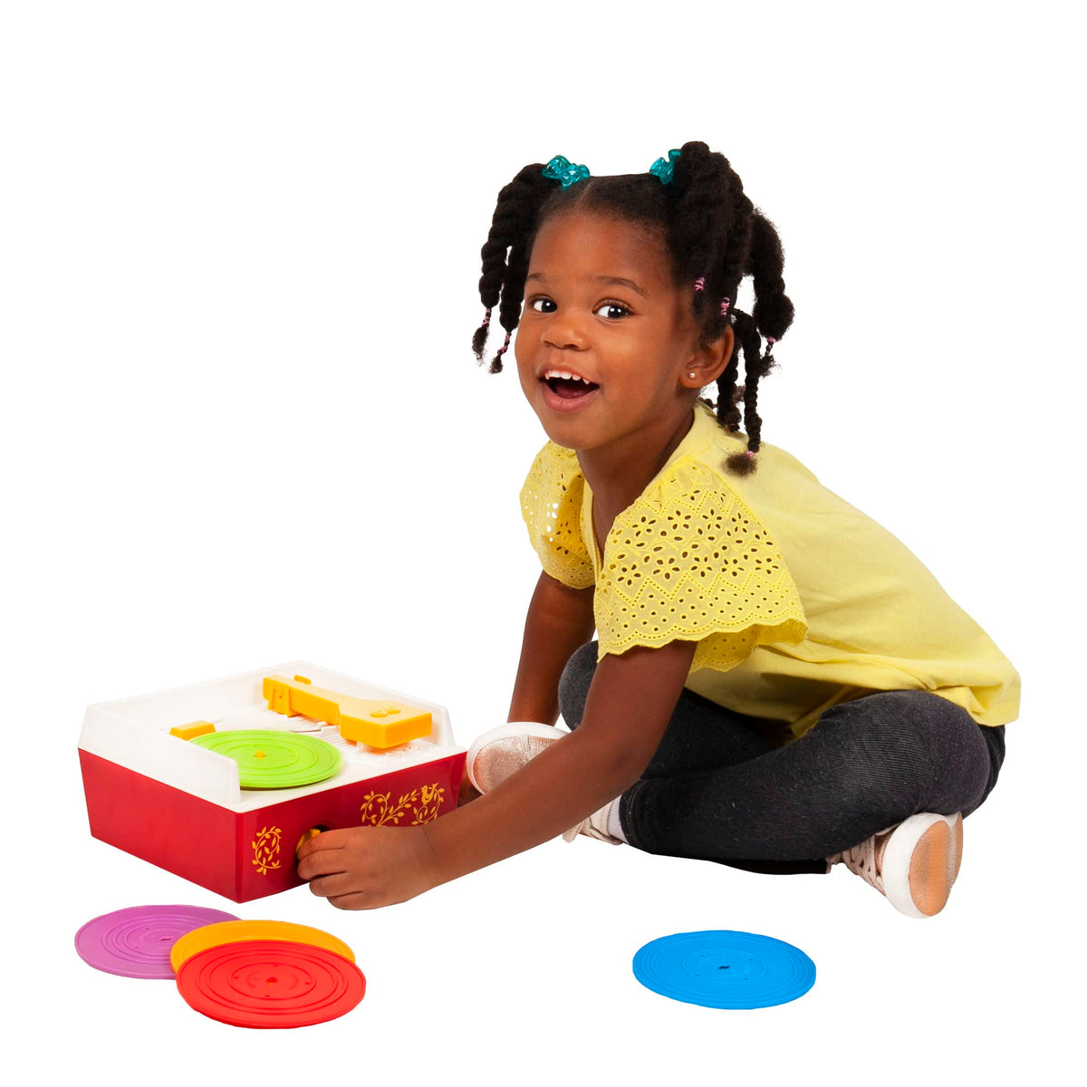 Close-up of colorful double-sided records from Fisher-Price.