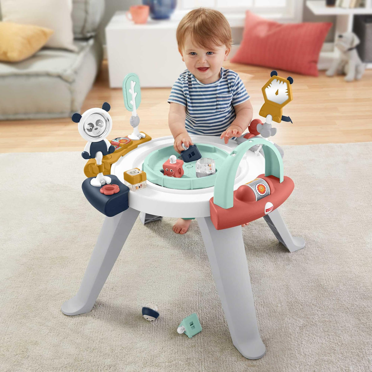 Fisher-Price Shape-sorter plate on floor supports sit-down learning and portable play.
