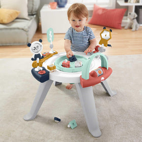 Fisher-Price Shape-sorter plate on floor supports sit-down learning and portable play.