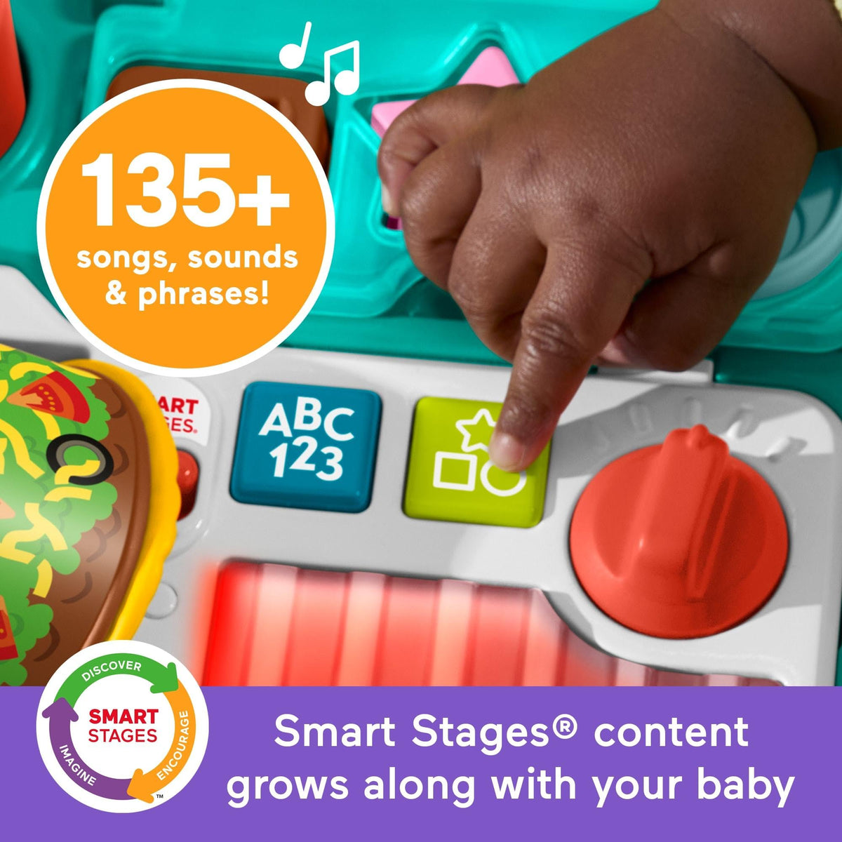 Fisher-Price snack cart walker grill-dial interactive feature fosters cause-and-effect learning
