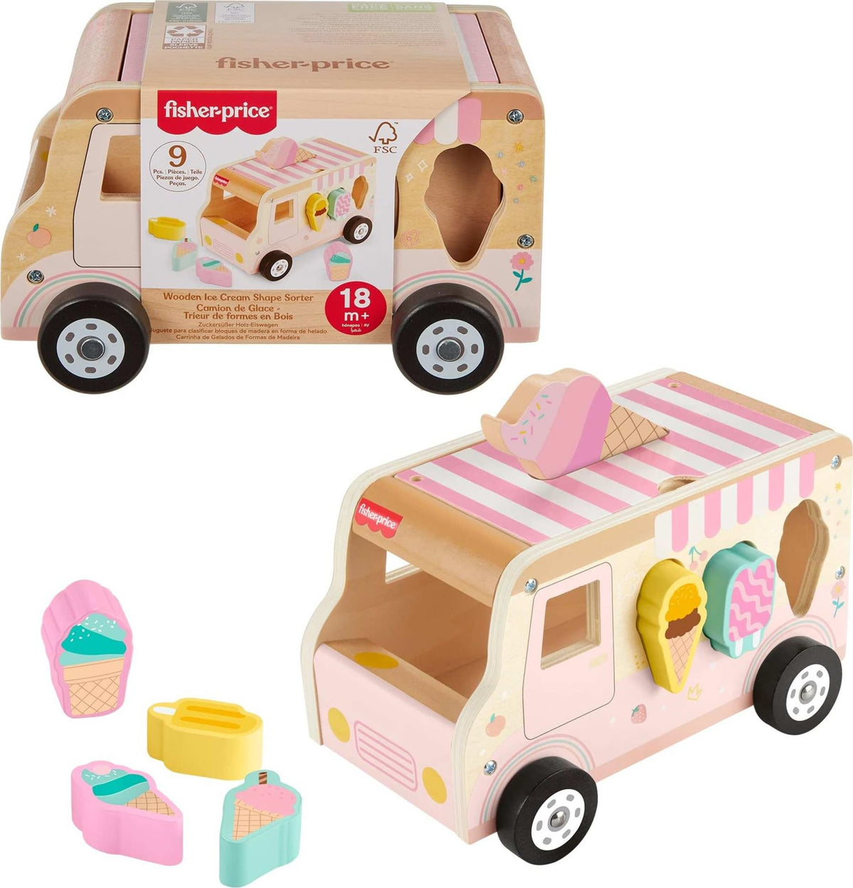 Fisher-Price wooden ice cream truck shape sorter for toddlers, promoting fine motor play