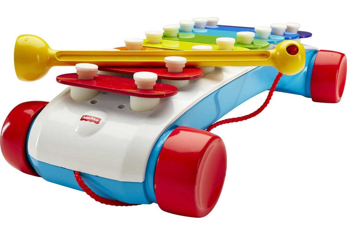 Fisher-Price Classic Xylophone pull toy close-up keys, highlights sensory colors and cause-and-effect.