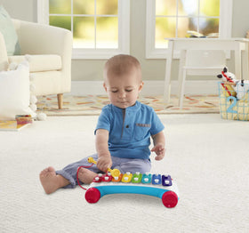 Fisher-Price Classic Xylophone pull toy side view, invites walking and interactive play.