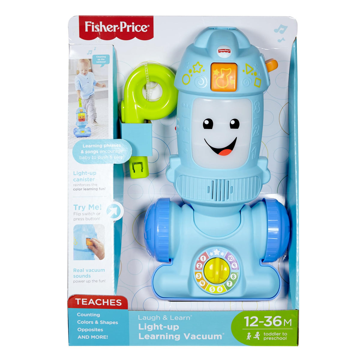 Fisher-Price Laugh & Learn vacuum push toy with adjustable tilt for comfy play.
