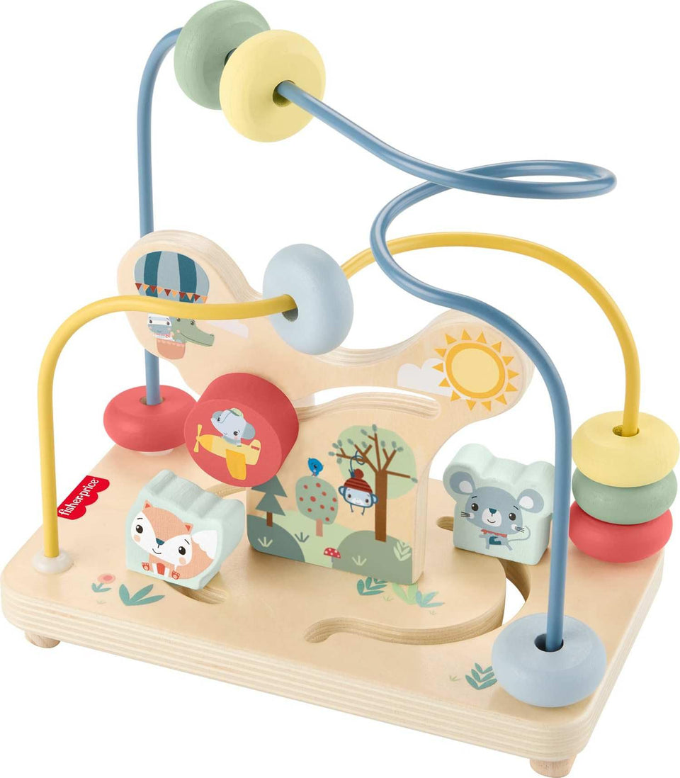 Fisher-Price wood bead maze with forest beads for fine motor play.