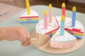 Fisher-Price Wood Cake Set candles shown for celebratory pretend serving