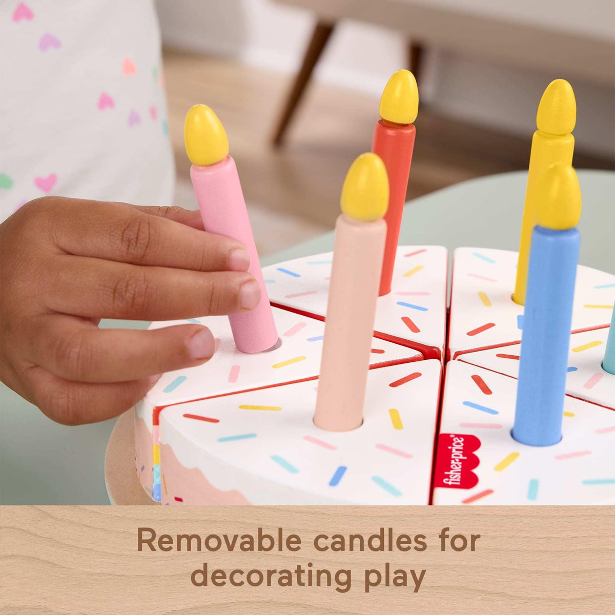 Fisher-Price Wood Cake Set closeup of FSC wood finish