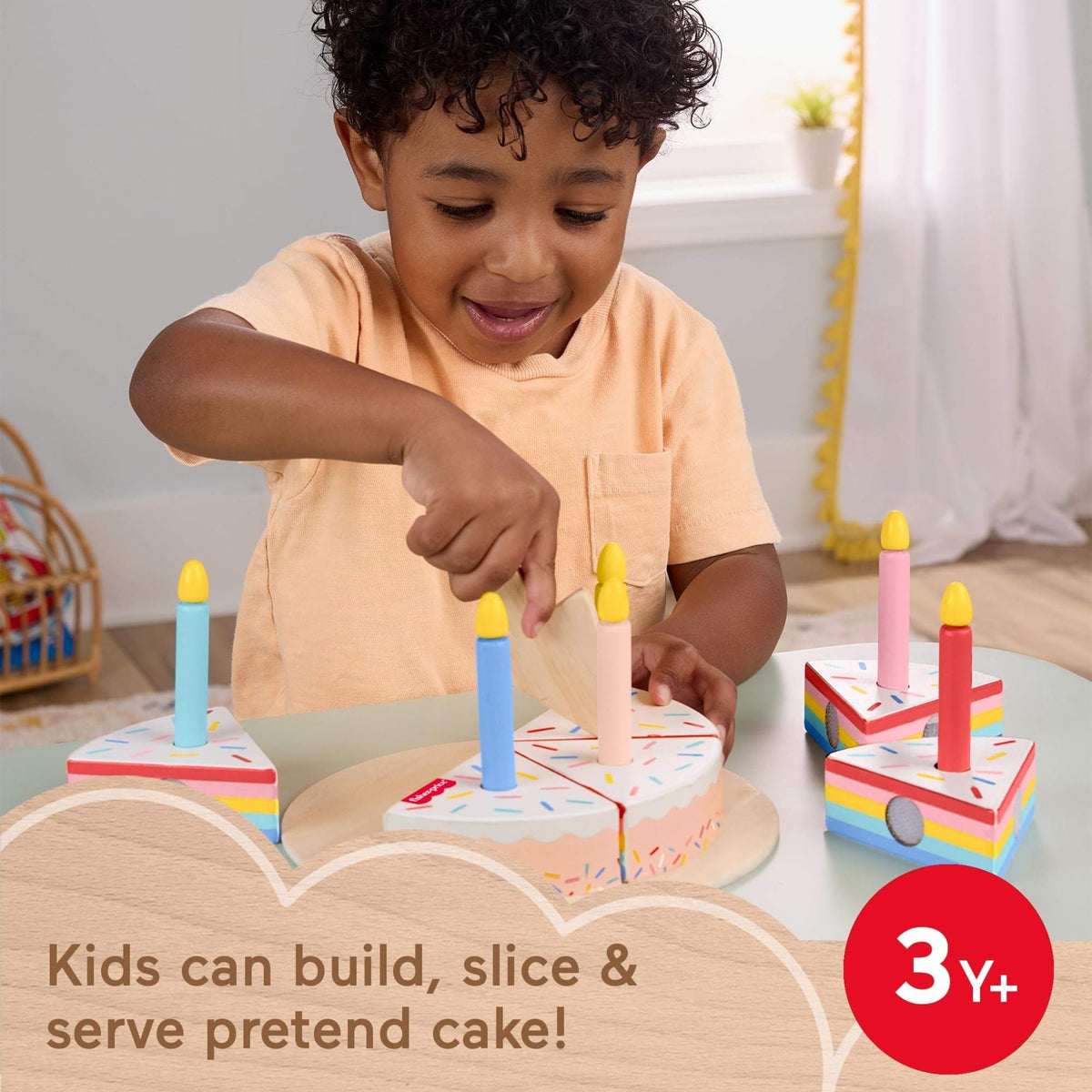 Fisher-Price Wood Cake Set serving tray ready for party-style serving