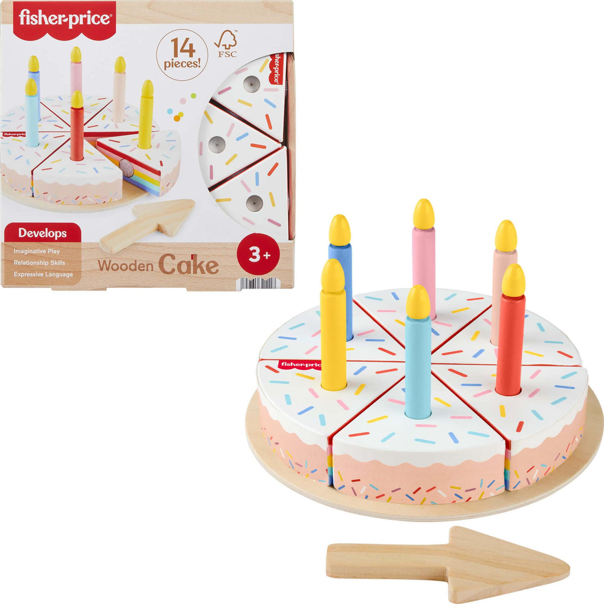 Fisher-Price Wood Cake Set slices arranged for imaginative pretend play