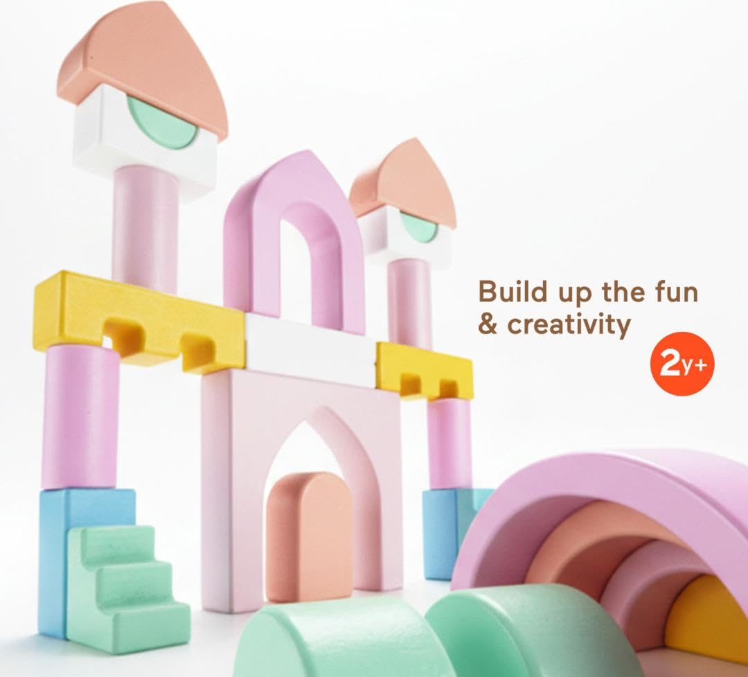 Fisher-Price wood castle blocks side view with pastel colors.