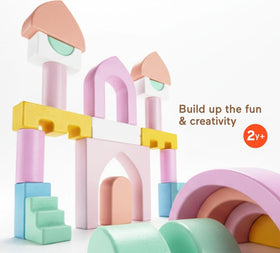 Fisher-Price wood castle blocks side view with pastel colors.