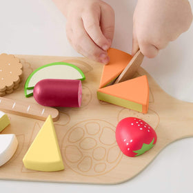 Fisher-Price Wood Charcuterie Board Set toy knife boosts pretend slicing and motor practice