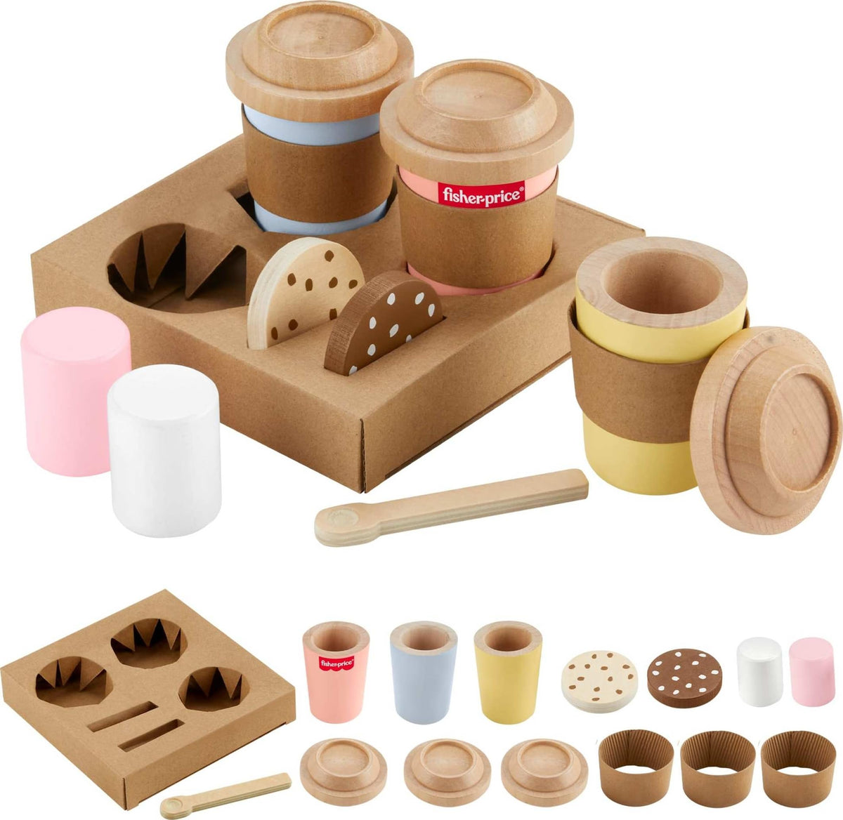 Fisher-Price wood coffee to go set shown in a complete pretend cafe scene for imaginative play