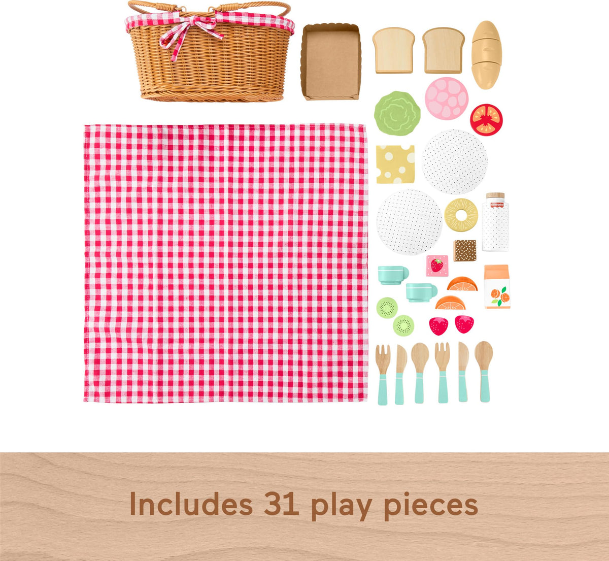 Basket with contents supports organized pretend picnics and easy cleanup