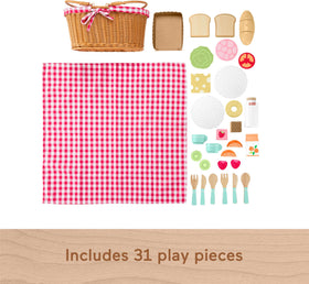 Basket with contents supports organized pretend picnics and easy cleanup